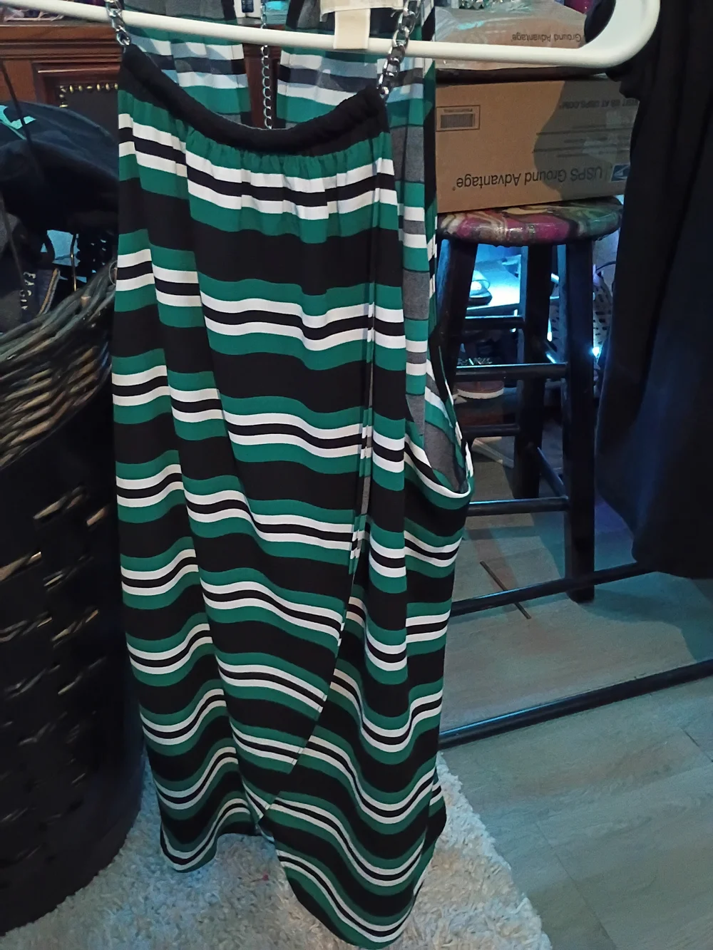 Michael Kors Black Green White Striped Chain-Shoulder Tank